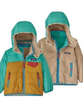 Patagonia Reversible Kids Jacket in Teal, Mustard & Cream Tribbles 3T